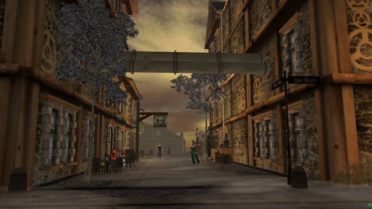 Steampunk Village in the Virtual Reality Chat Software Active Worlds