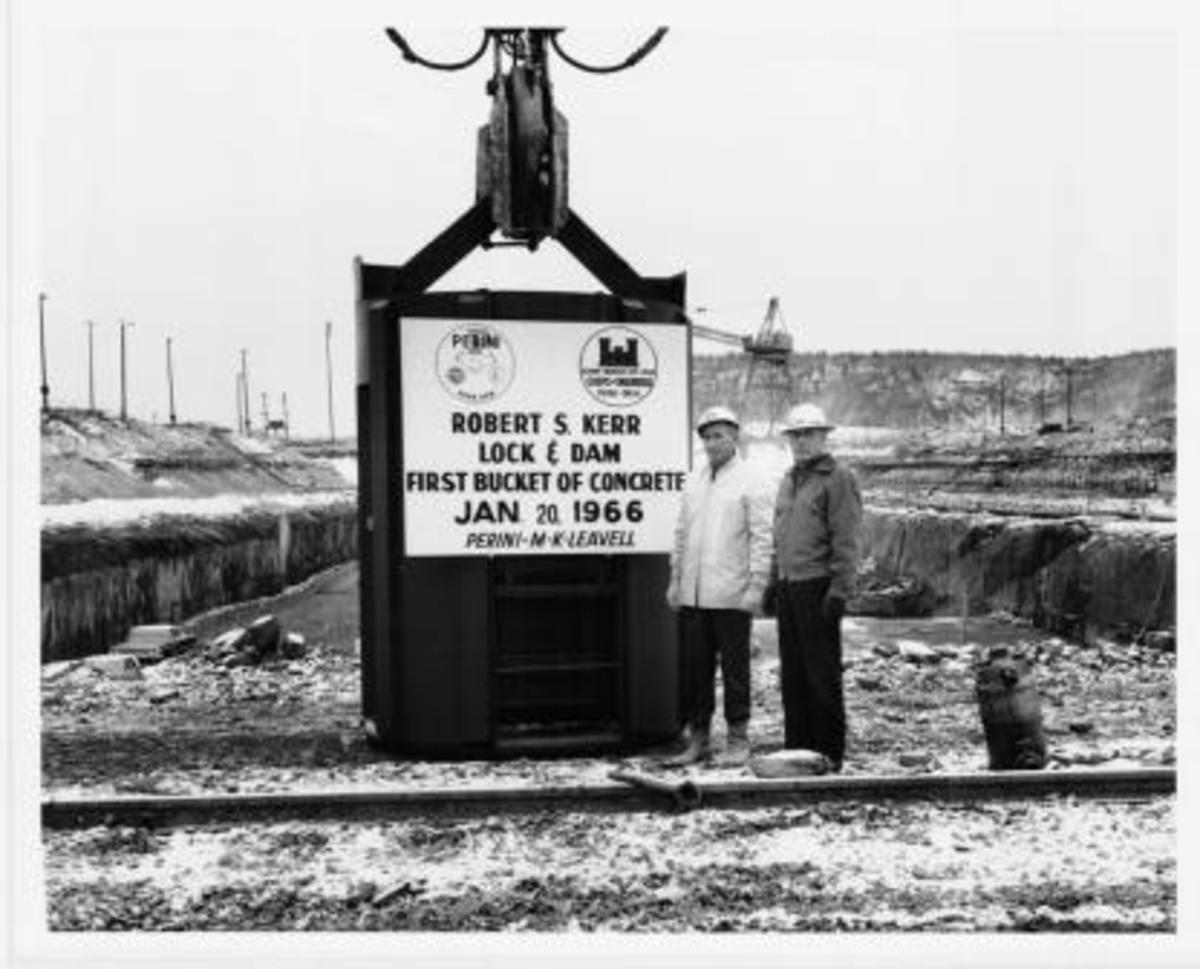 First bucket of concrete at the Kerr Lock and Dam. First bucket of concrete at the Kerr Lock and Dam.